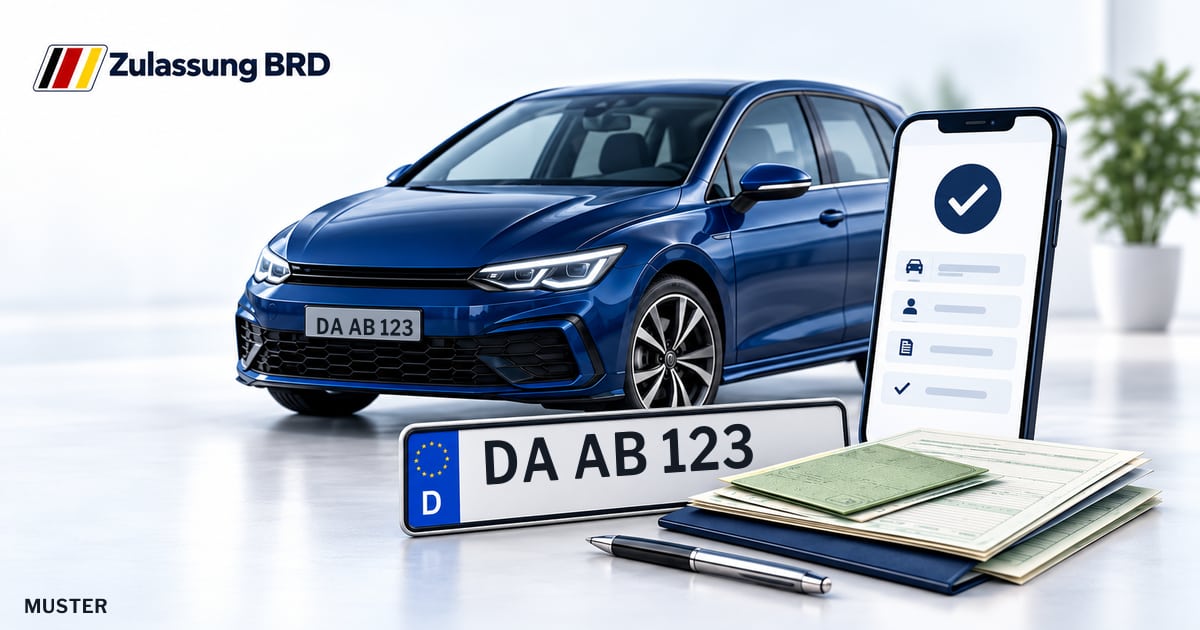 Online Fahrzeugzulassung in Mühltal: Musterkennzeichen DA AB 123, Auto und Fahrzeugpapiere und Smartphone. Illustration mit Logo von Zulassung BRD.